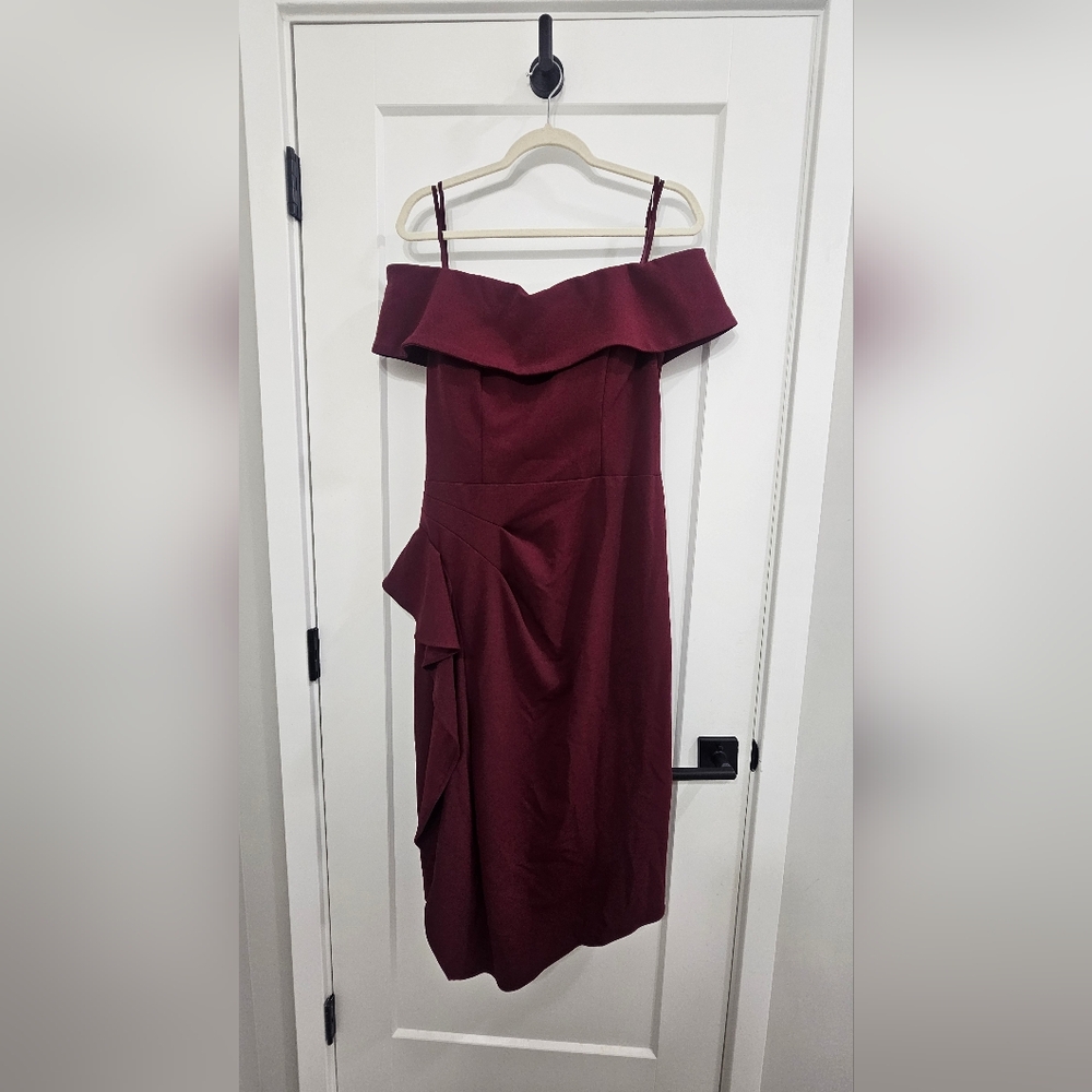 Betsy & Adam Burgundy Asymmetrical Off-Shoulder Dress